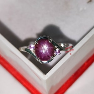 Genuine Star Ruby Ring, 925 Sterling Silver, July Birthstone Ring, Natural Ruby Pink Sapphire Ring, Star Gemstone ring , Gift for Her
