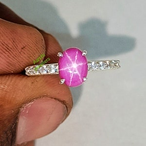 Pink Star Sapphire Ring: Sterling Silver CZ Diamond Band