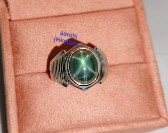 Vintage Green Star Sapphire Men's Ring, 925Sterling Silver, Star Sapphire ring, Statement Ring, Signet Ring, 6 Rays Gemstone, Gift For Him.