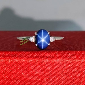 Blue Star Sapphire Ring: 925 Sterling Silver, CZ Diamond Accents