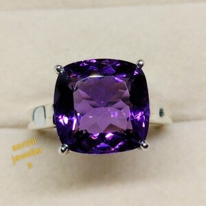 Natural African Amethyst 925 Sterling Silver Ring, Cushion Cut Purple Gemstone, Stackable Statement Jewelry