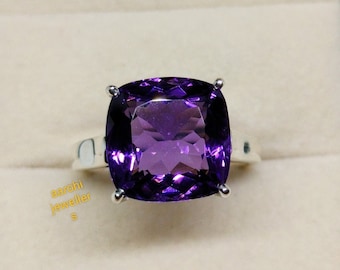 Natural Cushion Cut Amethyst Ring, 925 Sterling Silver, February Birthstone Ring, Purple amethyst Ring, Gift for her.
