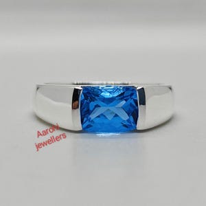 Anillo de topacio azul natural para hombre, plata de ley 925, anillo de topacio azul suizo para hombre, anillo con piedra natal de diciembre, anillo de banda con piedras preciosas, regalo para él