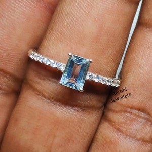 Emerald Cut Aquamarine Ring: 925 Sterling Silver CZ Diamond, March Birthstone