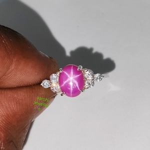 Pink Star Sapphire Ring: Sterling Silver CZ Diamond Stacking Ring