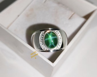 bague vintage pour homme saphir étoilé vert, argent sterling 925, bague saphir étoilé vert, bague tendance, chevalière, pierre de naissance, cadeau pour lui.