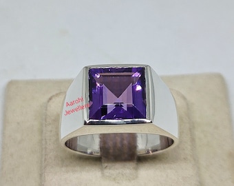 Natural Purple Amethyst Ring For Men, 925 Sterling Silver