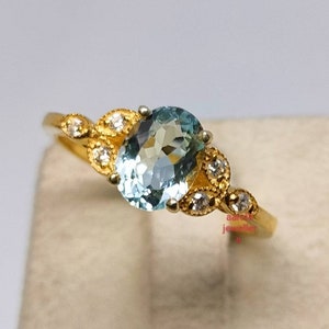 Vintage 14k Gold Aquamarine Ring: CZ Diamond Accent, March Birthstone