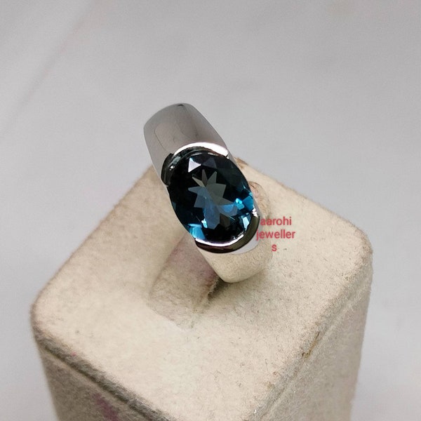 Anillo de hombre genuino de topacio azul de Londres, plata de ley 925, anillo de hombre de topacio natural, anillo de declaración, anillo de piedra de nacimiento de diciembre, regalo para él