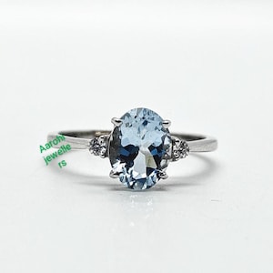 14K Solid White Gold Ring, Genuine Aquamarine Ring, March Birthstone Ring, Aquamarine Gold Ring, Engagement Ring, Wedding Ring Gift For Her.