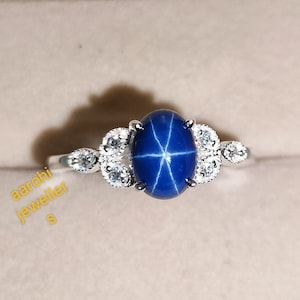 Blue Star Sapphire Ring: Oval Cabochon, CZ Diamond, Sterling Silver