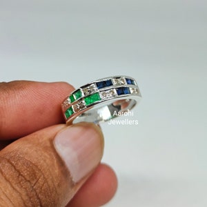 Natural Blue Sapphire Ring, Emerald Ring, Diamond Ring, Gemstone Band Ring, Statement Ring,925 Sterling Silver,  Wedding Ring, Stacking Ring