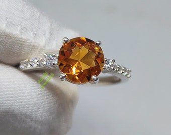 Anillo de citrino natural: plata de ley 925, detalles de circonita cúbica, piedra natal de noviembre
