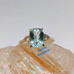 Vintage Cushion Cut Aquamarine Ring,14k Solid Gold Ring, Aquamarine Engagement Ring, Aquamarine Diamond Ring,  March Birthstone Gifts