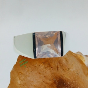 Anillo de cuarzo rosa natural para hombre, plata de ley 925, anillo de sello para hombre, anillo llamativo de cuarzo rosa, anillo de piedra preciosa para hombre, regalos para Hem.