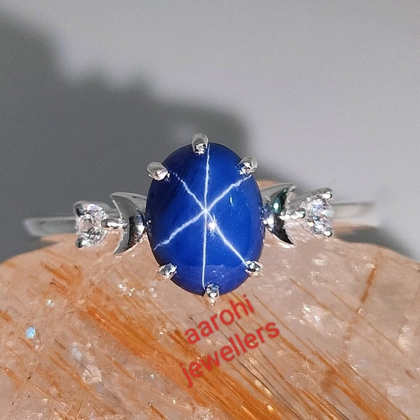 Blue Lindy Star Sapphire Ring, 925Sterling Silver Ring, 6 Rays Star Gemstone ,Lab Sapphire Ring,Engagement Ring, Lindy Star Ring , Gift Ring