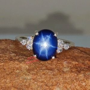 Dainty Lab Star Sapphire Ring: 925 Sterling Silver, CZ Diamond Accents