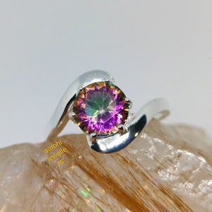 Round Mystic Topaz Ring, Statement Ring, 925 Sterling Silver, Dainty Mystic Topaz Ring, Minimalist Ring, Solitaire Ring, Women Gift Her.