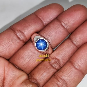 Blue Star Sapphire Men&#39;s Ring, 925 Sterling Silver, Minimalist Style