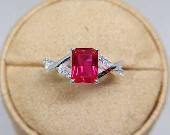 Emerald Cut Lab Ruby Ring: 925 Sterling Silver Statement Ring