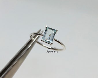 Natural Emerald Cut Aquamarine Ring: Minimalist 925 Sterling Silver, March Birthstone