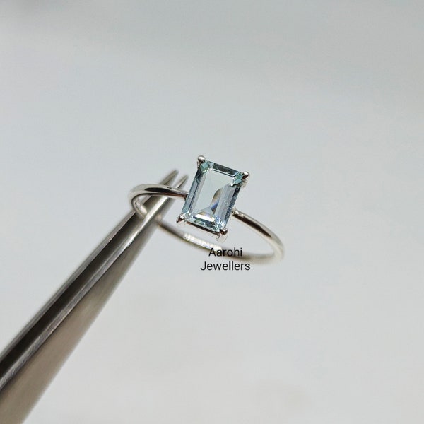 Dainty Aquamarine Ring, Statement Ring, 925 Sterling Silver, March Birthstone Ring, Promise Ring, Emerald cut Ring, Gift for Women