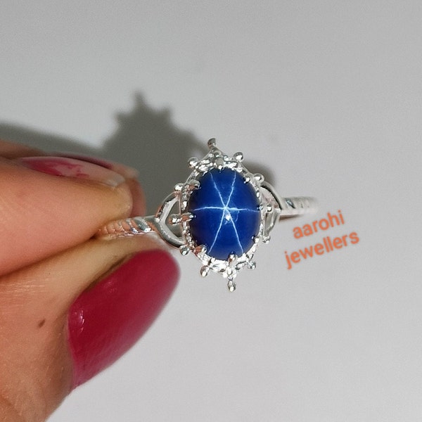 Vintage Blue Star Sapphire Ring, 925 Sterling Silver , Blue lindy Star Sapphire Ring, 6 Rays Star Gemstone , Wedding  Ring, Gift For Own
