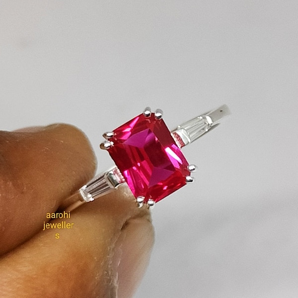 Unique Ruby Ring, Engagement Ring, Stacking Ring, Birthstone Ring, Ruby Gemstone Ring, 925Sterling Silver, Emerald Cut Ring, Gift For women.