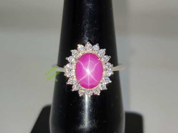Vintage Halo Pink Star Sapphire Ring, Engagement Ring, 925 - Main Image