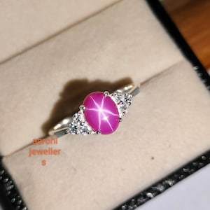 Pink Star Sapphire Ring: 925 Sterling Silver, CZ Accents