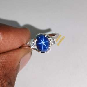 Blue Star Sapphire Ring: Oval Cabochon, 925 Sterling Silver