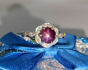 Natural Star Ruby Ring: 925 Sterling Silver CZ Diamond Halo