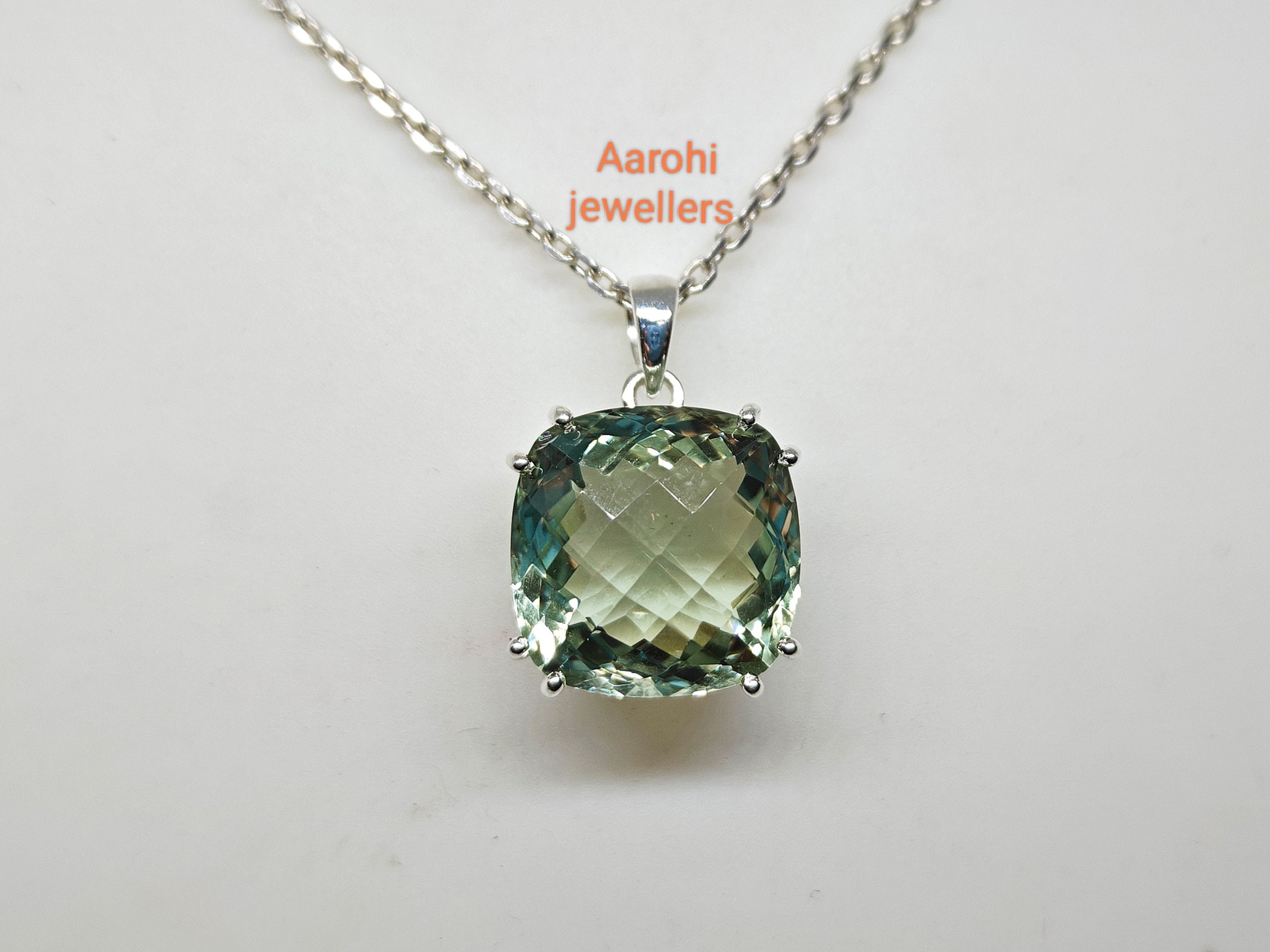 Green Amethyst Pendant: Handmade 925 Sterling Silver Necklace, Minimalist Gemstone