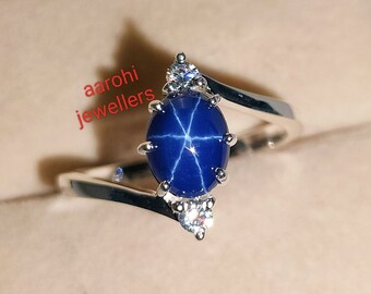 Vintage Blue Star Sapphire Ring, 6 Rays Star Gemstone, Lindy Star Sapphire Ring, 925 Sterling Silver, Engagement, Christmas Gift ,