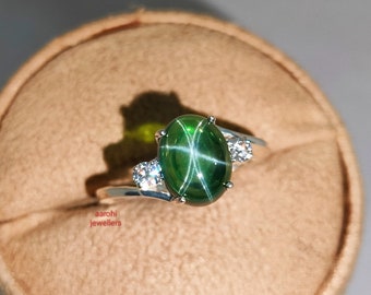 Handmade Green Star Sapphire Ring: Minimalist Sterling Silver (4.70CT)