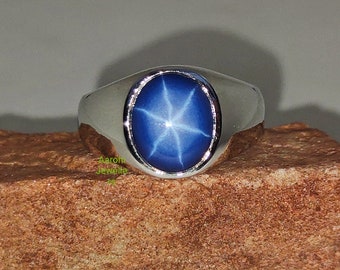 Blauer Sternsaphir-Herrenring, 925er Sterlingsilber, Lindy Sternsaphir-Ring, Siegelring für Herren, Saphir-Herrenring, Weihnachtsgeschenk