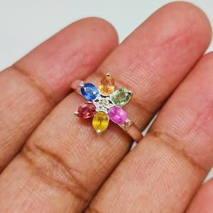 Multi Sapphire Flower Ring: Sterling Silver Gemstone Ring, Art Deco