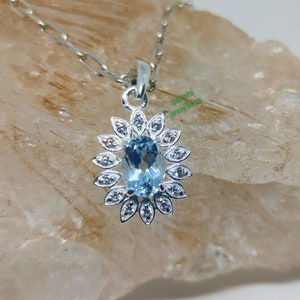 Natural Aquamarine Pendant: 925 Sterling Silver, CZ Diamond Halo