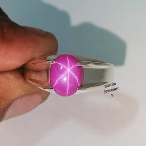 Anel masculino de safira rosa estrela, anel de sinete masculino, prata esterlina 925, anel de destaque, anel de prata masculino, presente de casamento para ele.