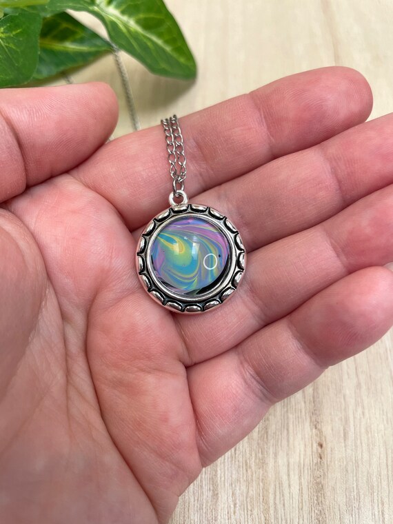 Fluid Art Necklace Abstract Handmade Silver Cabochon Pendant