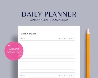 May include: A white daily planner page with the text "DAILY PLANNER" and "A5 PDF INSTANT DOWNLOAD" in navy blue. The page includes sections for daily plans and dates, with a yellow pencil on the right.