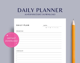 May include: A white daily planner with the text "DAILY PLANNER" and "A5 PDF INSTANT DOWNLOAD" in navy blue. The planner includes sections for priorities, a checklist, and notes. A yellow pencil rests on the right side.