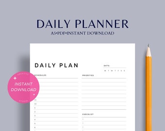 May include: A white daily planner with the text "DAILY PLANNER" and "DAILY PLAN" in a dark blue font. The planner includes sections for schedules, priorities, and a checklist. A yellow pencil rests on the right side of the image. The planner is an A5 PDF instant download.