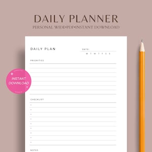 Daily planner | Personal wide printable insert pdf | Simple undated study template sheet | Daily schedule organizer | Digital download