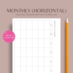 Monthly planner horizontal | Personal wide undated printable inserts | MO1P layout template pdf | Simple organizer pages | Digital download