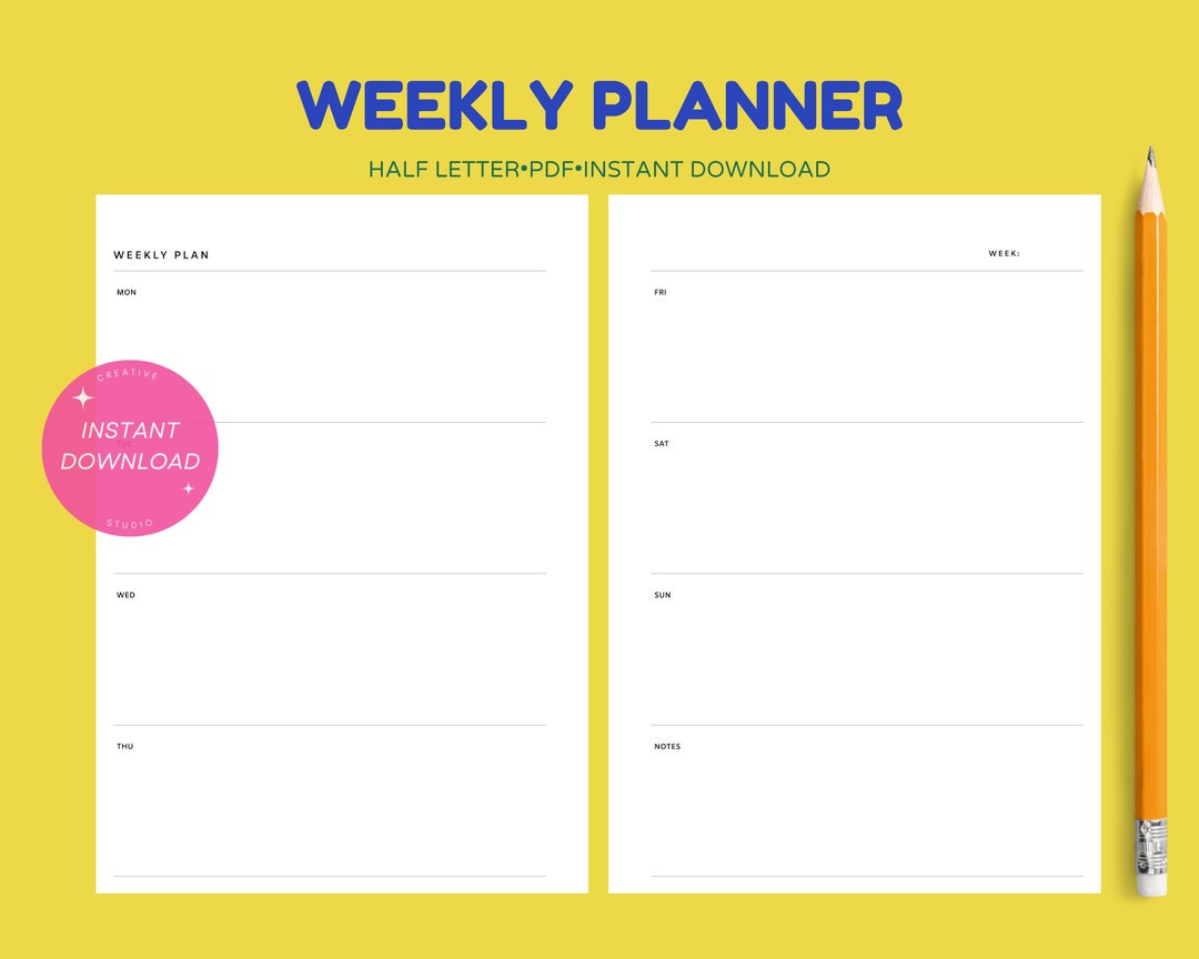 Weekly Planner | Half Letter Undated Printable Insert | Simple Schedule ...