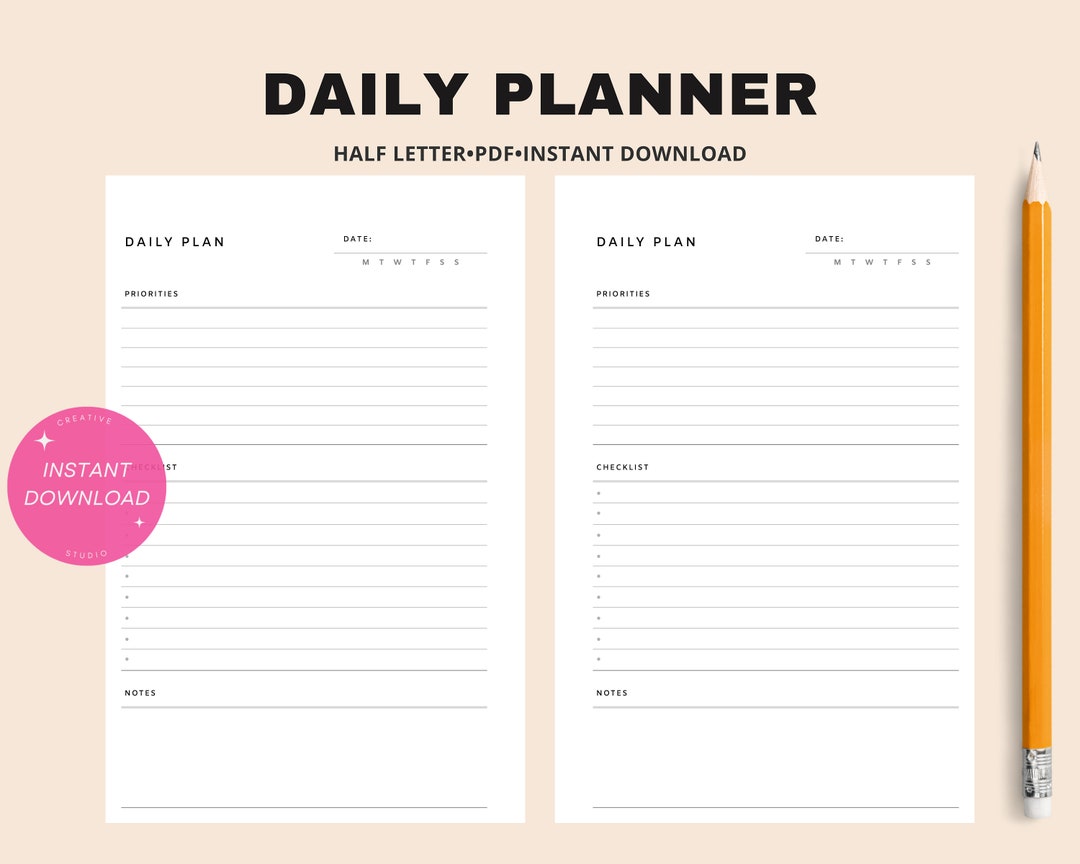 Daily Planner | Half Letter Printable Insert | Simple Layout Template ...