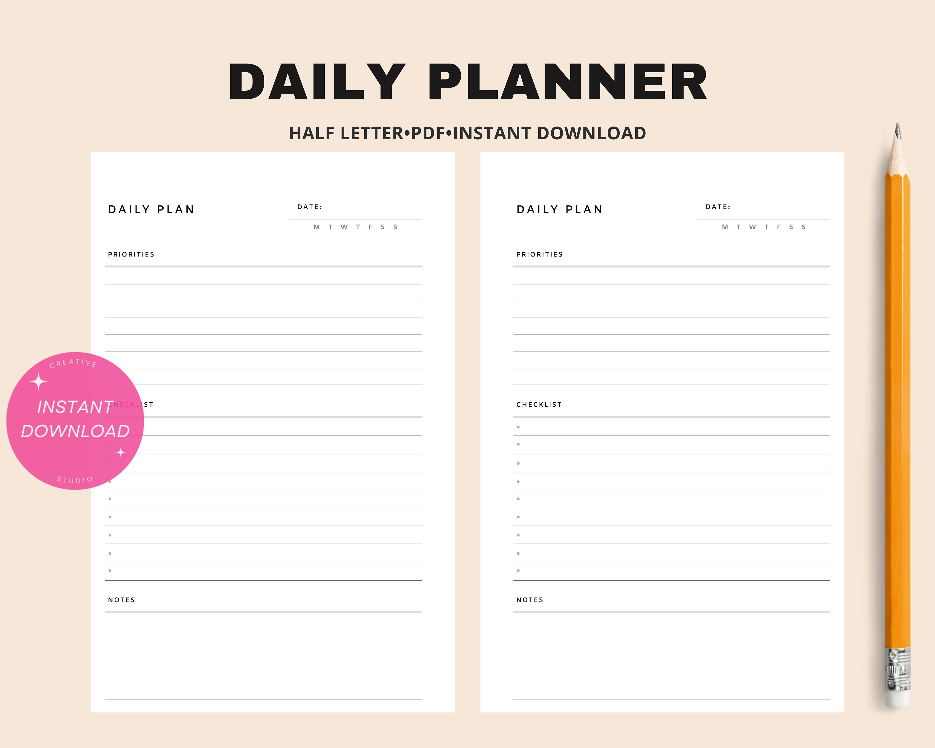 Daily Planner | Half Letter Printable Insert | Simple Layout Template ...