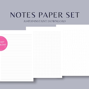 Puede incluir: Un conjunto de tres hojas de papel A5 blancas con diferentes estilos de cuadrícula: rayado, cuadriculado y punteado. El texto "NOTES PAPER SET" se muestra en la parte superior, con "A5•PDF•INSTANT DOWNLOAD" debajo. Un círculo rosa con "CREATIVE INSTANT DOWNLOAD STUDIO" está a la izquierda.