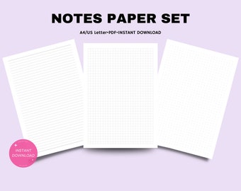 Notes paper set | A4&US Letter printable pages pdf | Blank Line, Grid, Dot layout template | Simple planner inserts | Digital download
